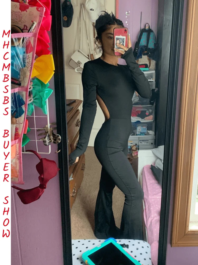 Women Black Stretchy Bodycon Jumpsuits Sexy Backless O Neck Slim Flare Pants One Piece Rompers 2022 Casual Night Prom Overalls