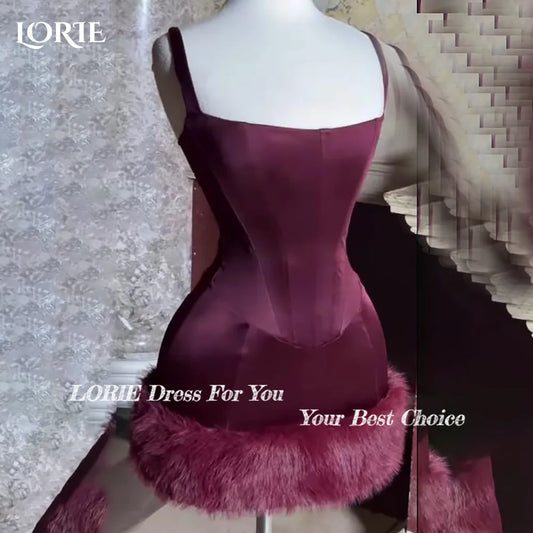 LORIE Burgundy Mini Cocktail Party Gowns Sexy Spaghetti Straps Fur Square Neck Dubai Evening Dresses Saudi Arabia Clubbing Dress