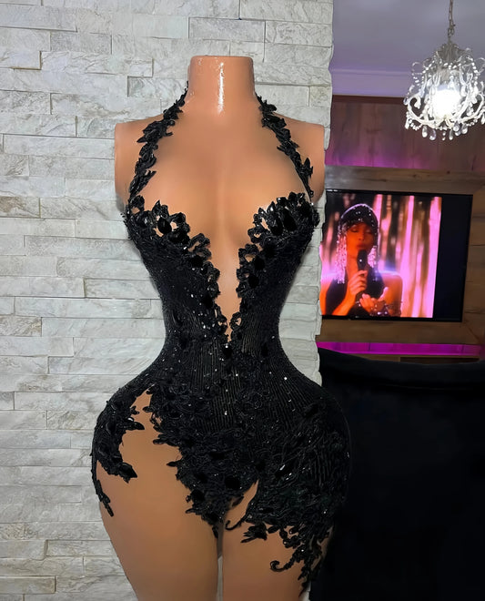 Customized African Black Mini Short Prom Dresses For Women Sexy Lace Applique Sleeveless Vestido De Party Cocktail Evening Dress