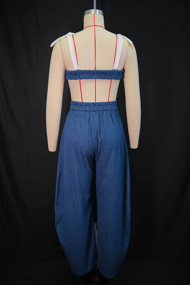 Sets Striped Patchwork Straps Bow Crop