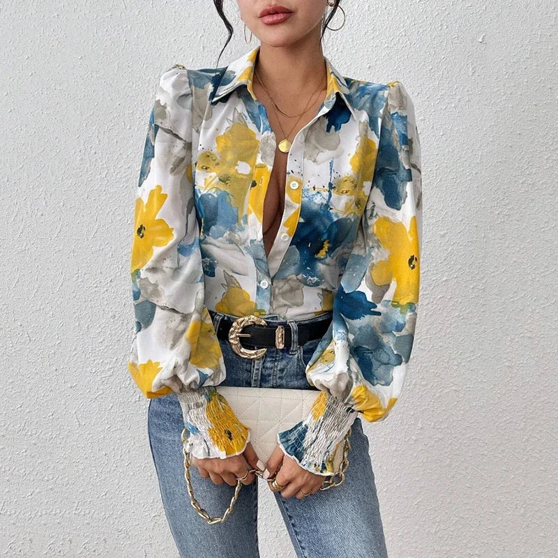 Inked Flower Printed Loose Puff Sleeve