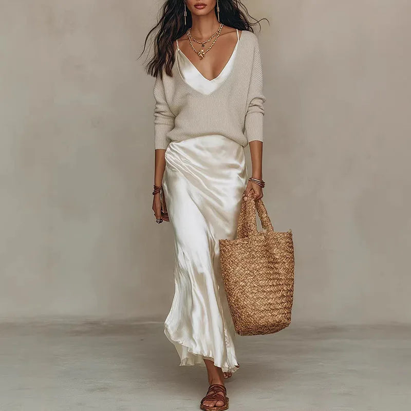 Knit Sweater & Satin Slip Dress Set