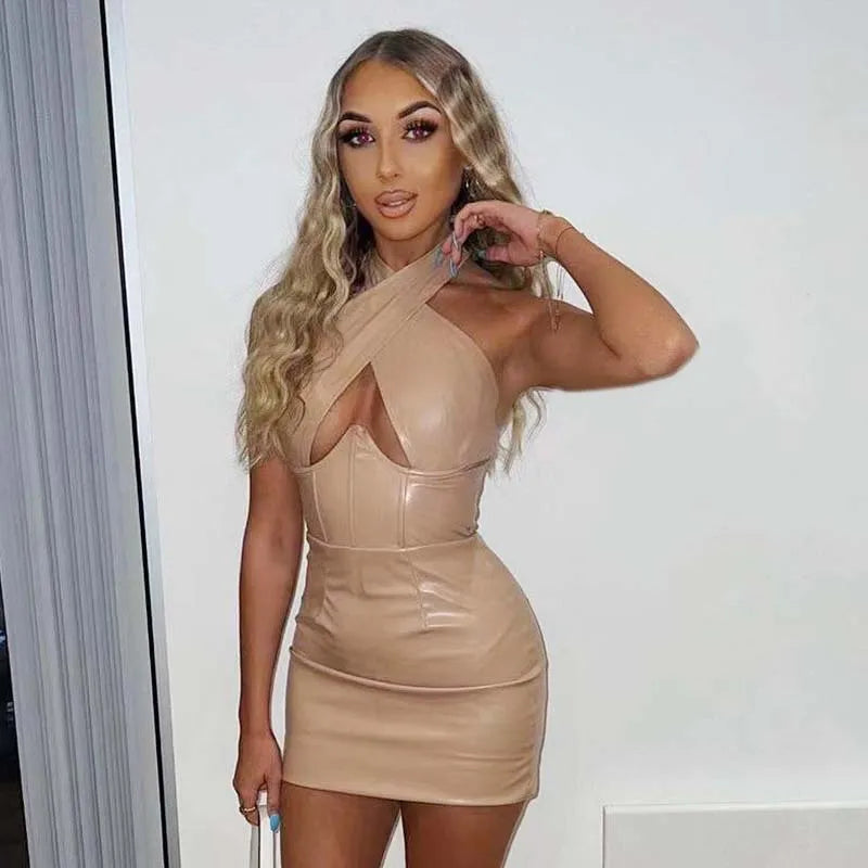 Off-Shoulder Faux Leather Bodycon Dress