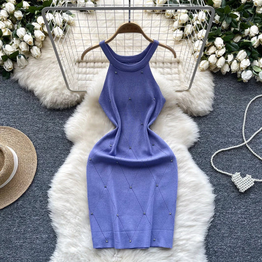 Beading Halter Women's Knitting Sheath Tank Dress Female Bodycon Knitted Camisole Sleeveless Mini Dresses For Woman Outfits