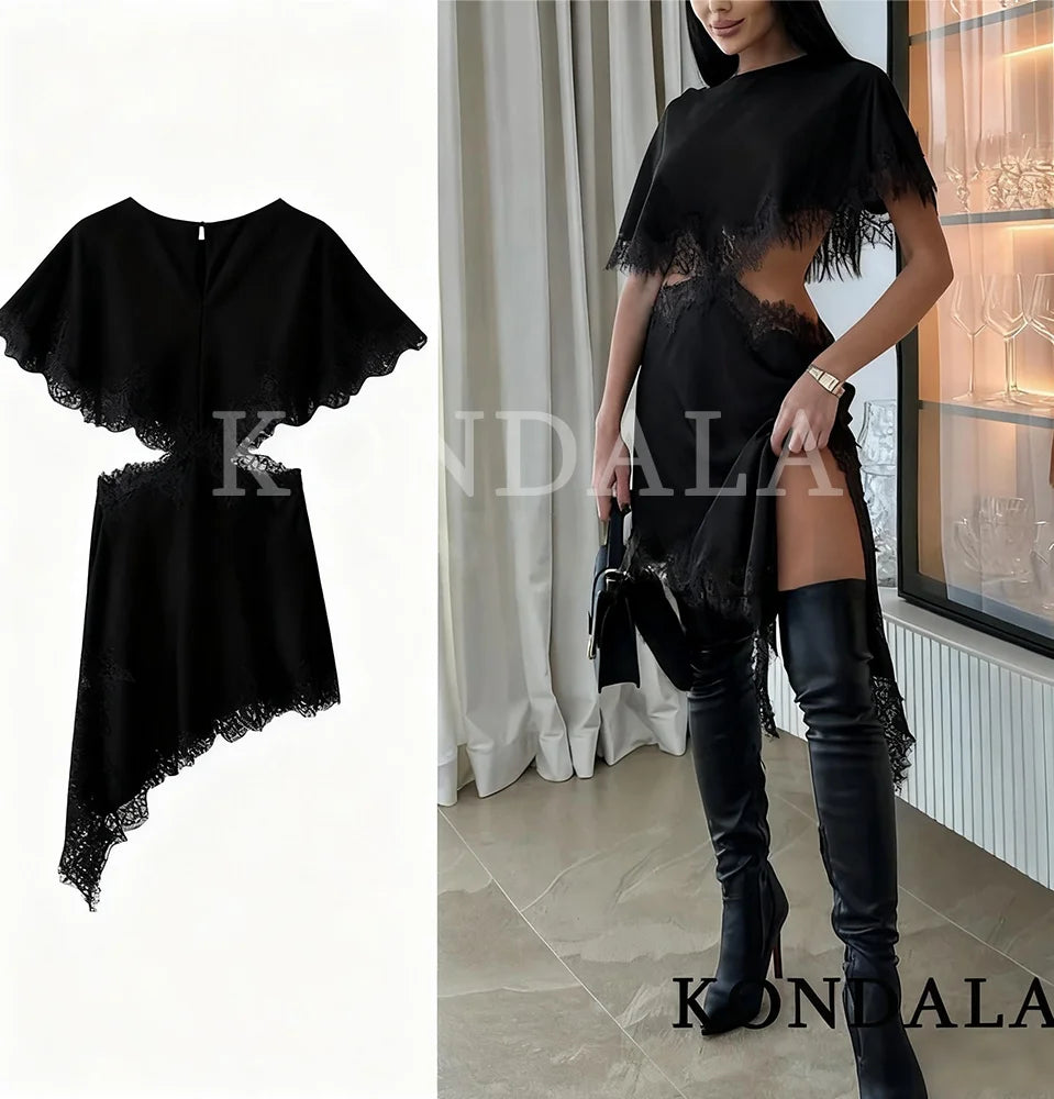 KONDALA Sexy Waist Hollow Dress Women Satin Asymmetrical Hem Lace Dress 2026 Spring Summer Fashion Holiday Dating Party Dress