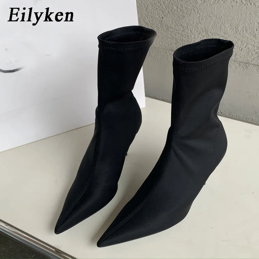 Eilyken Candy Colors Stretch Fabric Ankle Boots For Women Pointed Toe Fashion Short Booties Spring Autumn Thin High Heels Shoes