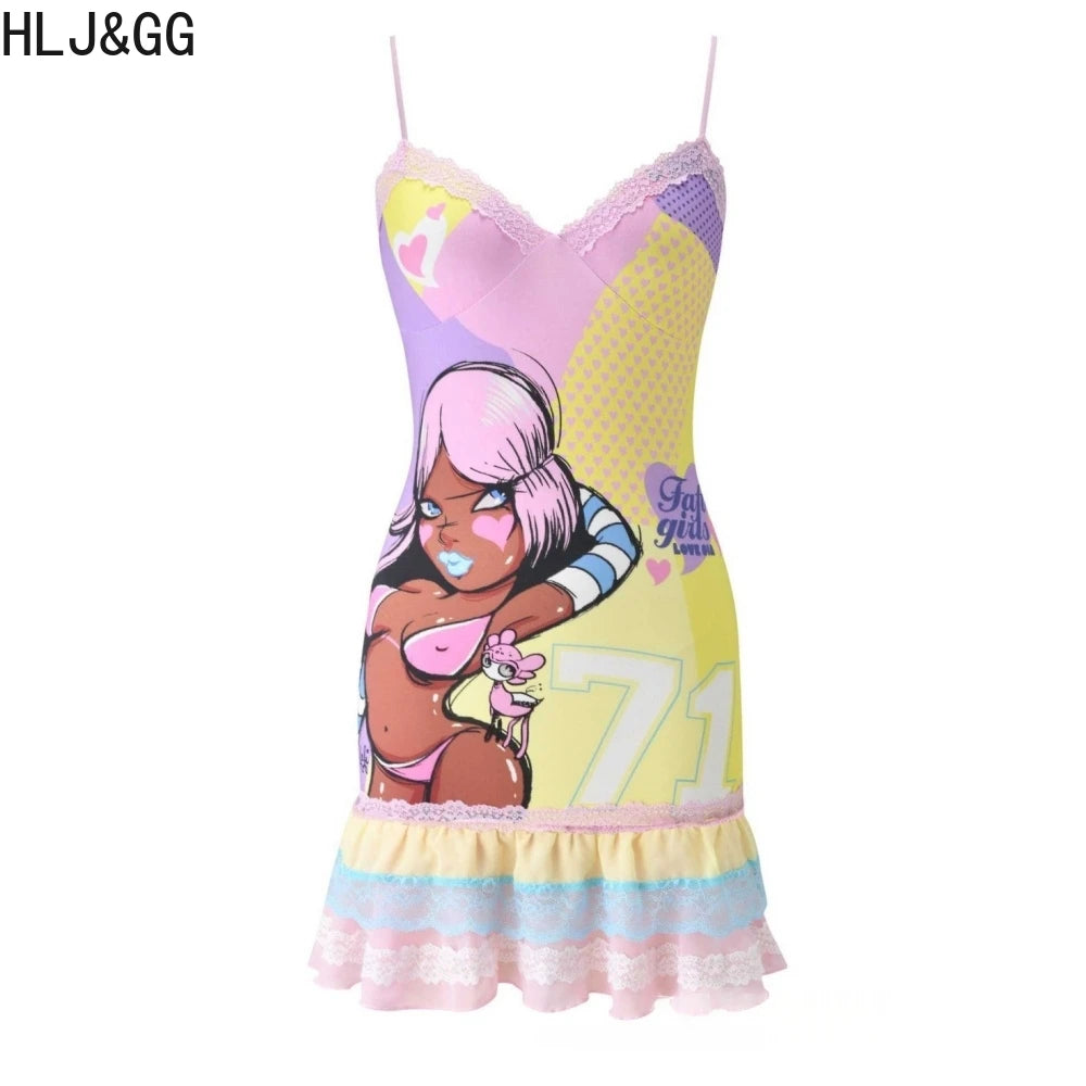 HLJ&GG Y2K Fashion Lace Splicing Bodycon Spaghetti Strap Mini Dresses Women Sleeveless Backless V Neck Slim Vestidos Streetwear