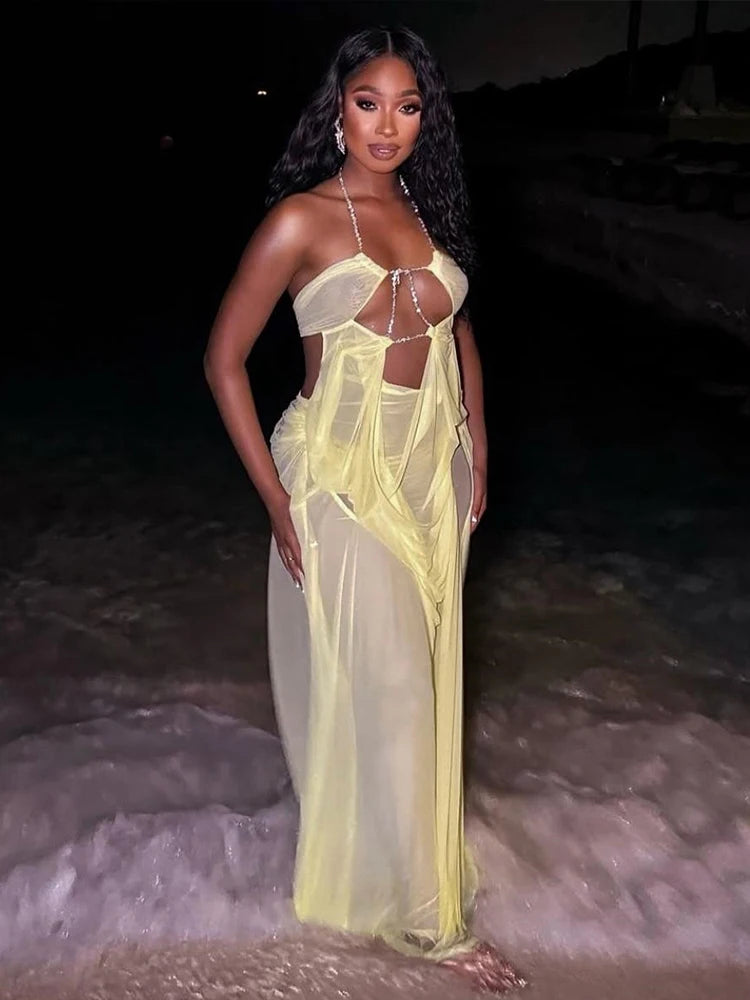 Weird Puss Sexy See Through Dress Women Sexy Halter Chain Backless Irregular Ruched Patchwork Vacation Birthday Party Clubwear