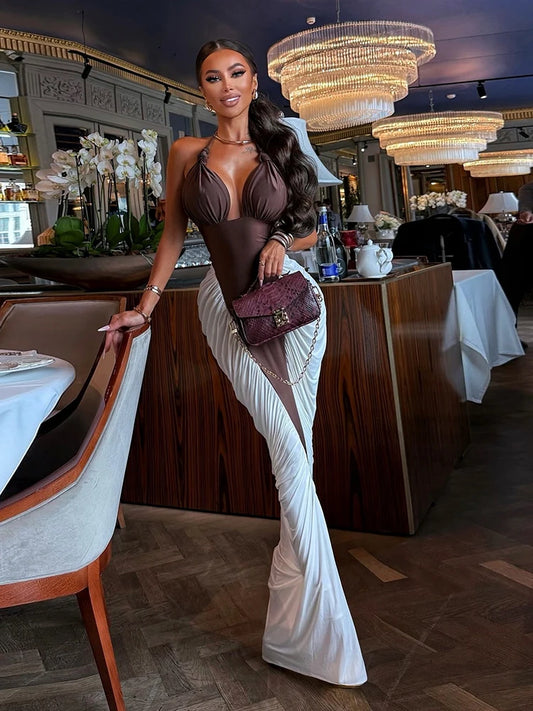 SiSSisterlinda Halter Ruched Dress Women Bandages Patchwork Backless Thin Slit Summer Clubwear Birthday Party Ruched Vestidos