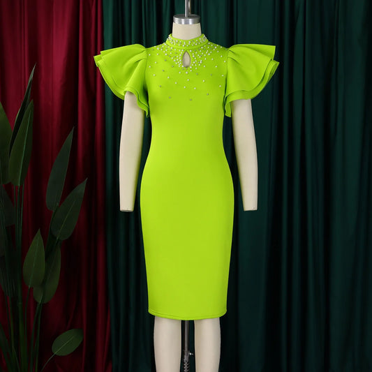 Elegant Bodycon Dresses for Women O Neck Ruffles Sleeve Beaded Solid Sheath Package Hips Mid Calf Luxury Birthday Party Dress