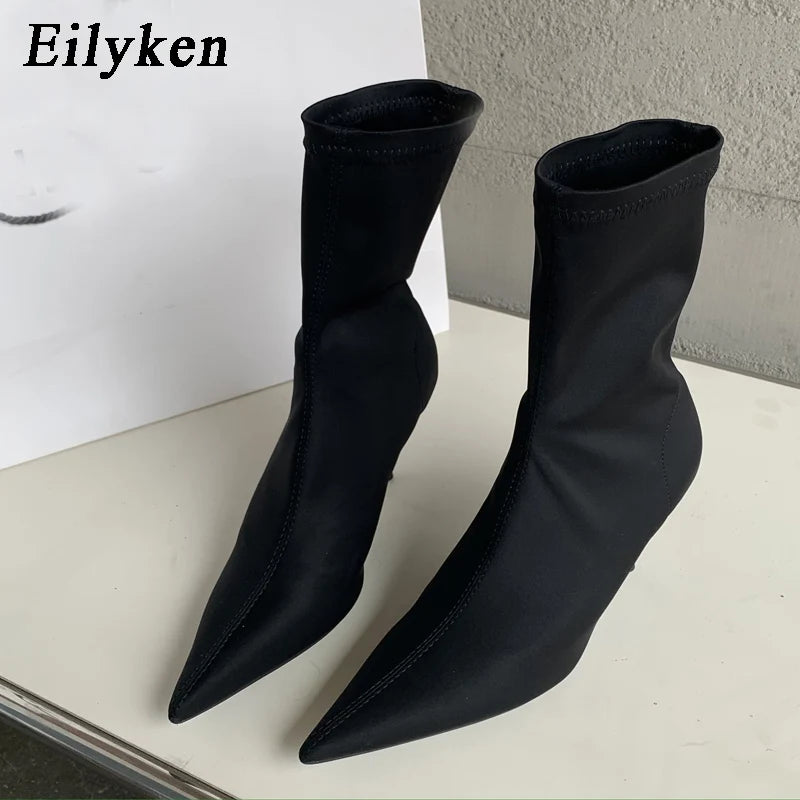 Eilyken Candy Colors Stretch Fabric Ankle Boots For Women Pointed Toe Fashion Short Booties Spring Autumn Thin High Heels Shoes