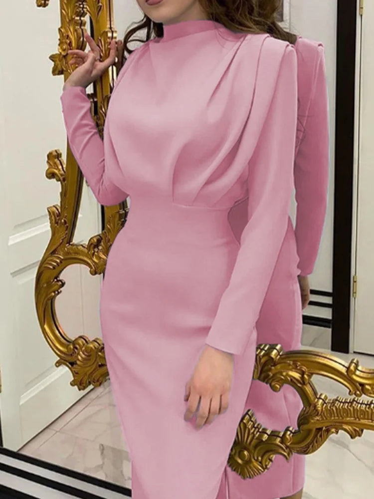 Round Neck Pleated Long Sleeved High Waisted Solid Color Women's Dress Daily Office Elegant Urban Style Autumn Dress