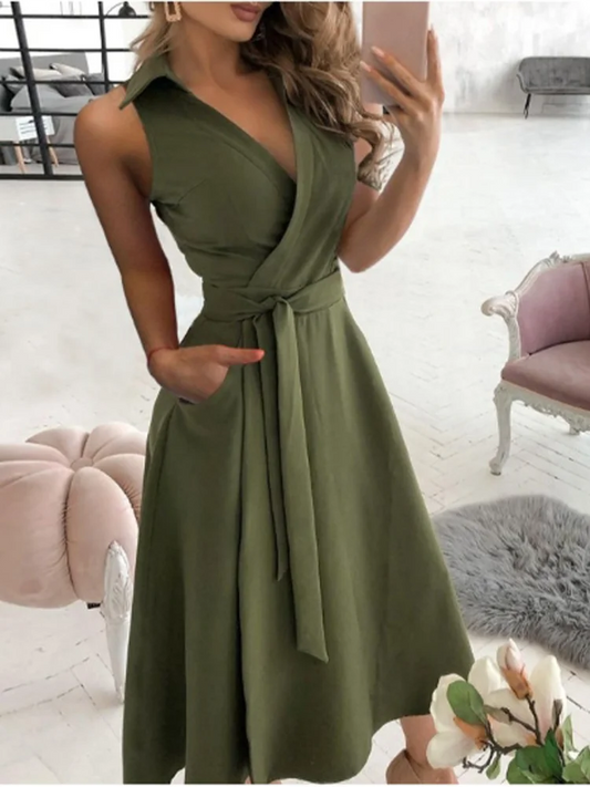 Lace Up V-neck Short Sleeved Solid Color Pocket Women's Dress Elegant Office Fashion Commuting Style Summer Dress