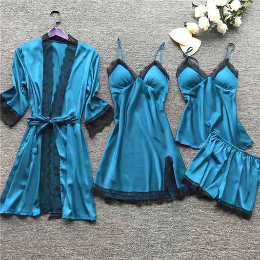 Sexy Fishnet Lingerie Hot Women Silk Dress Robe Sleepwear Pajamas Set Lace Nightdress Lingerie Sexy Lingerie Dress with Garter