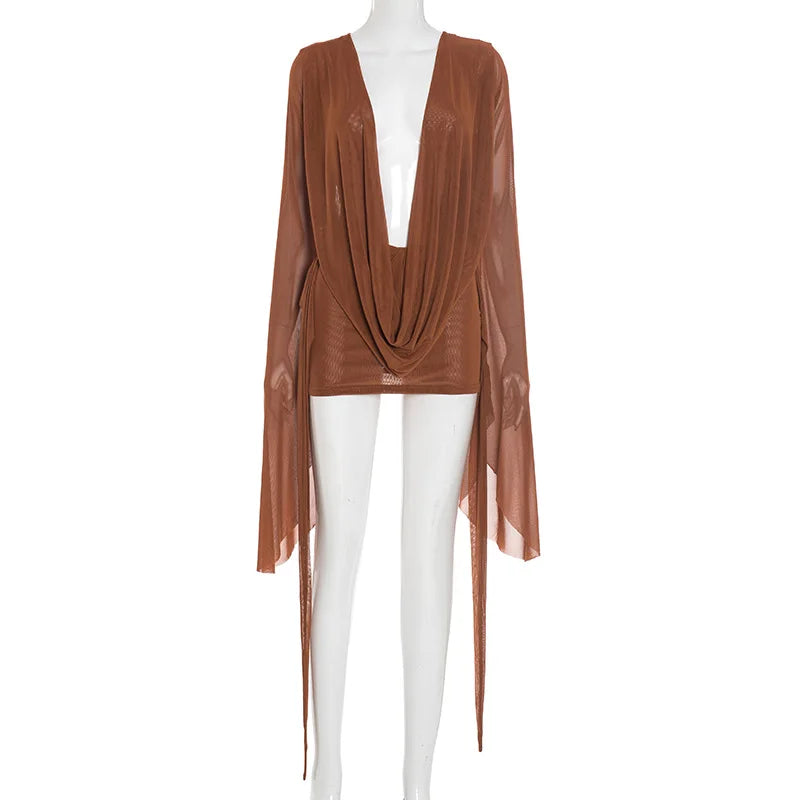 Women Sexy See Through Mesh Mini Dress Deep V-neck Lace Up Backless Flare Long Sleeve Ribbon Party Clubwear Holiday Outfits