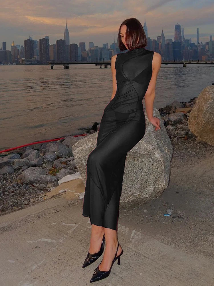 kliou Mesh Sheer Stunning Dress Women Coquette Midnight Sleeveless Stand Collar Straight Maxi Bodycon Lady Party Clubwear Robe