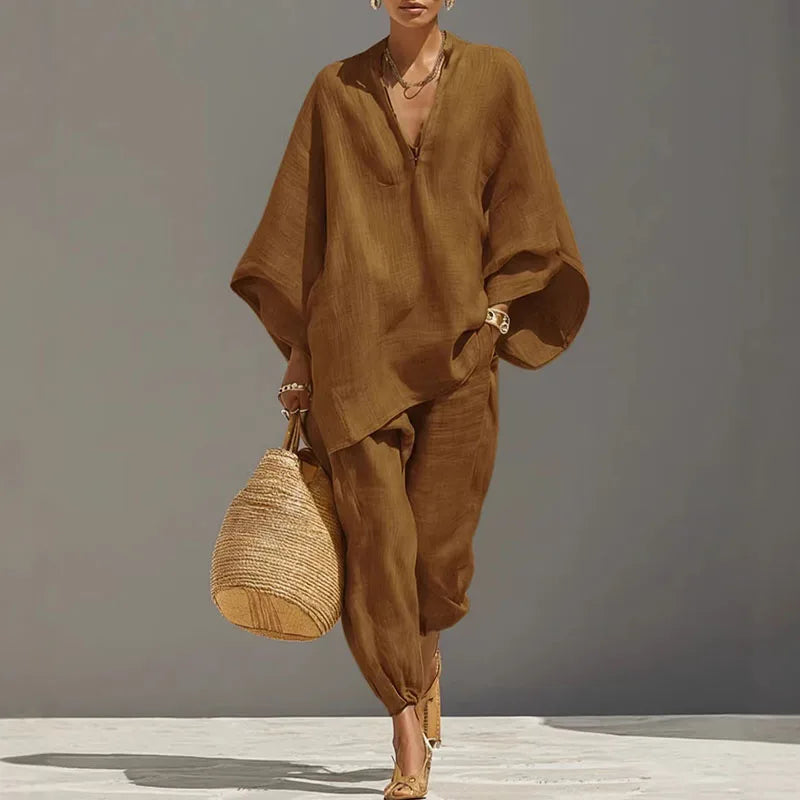 V-Neck Batwing Top & Casual Pants Set