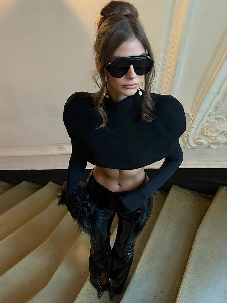 Weird Puss Chic Turtleneck T-Shirt 2-Piece Set Women Classic New Trend Long Gloves+Short Sleeve Crop Tees Fashion Streetwear