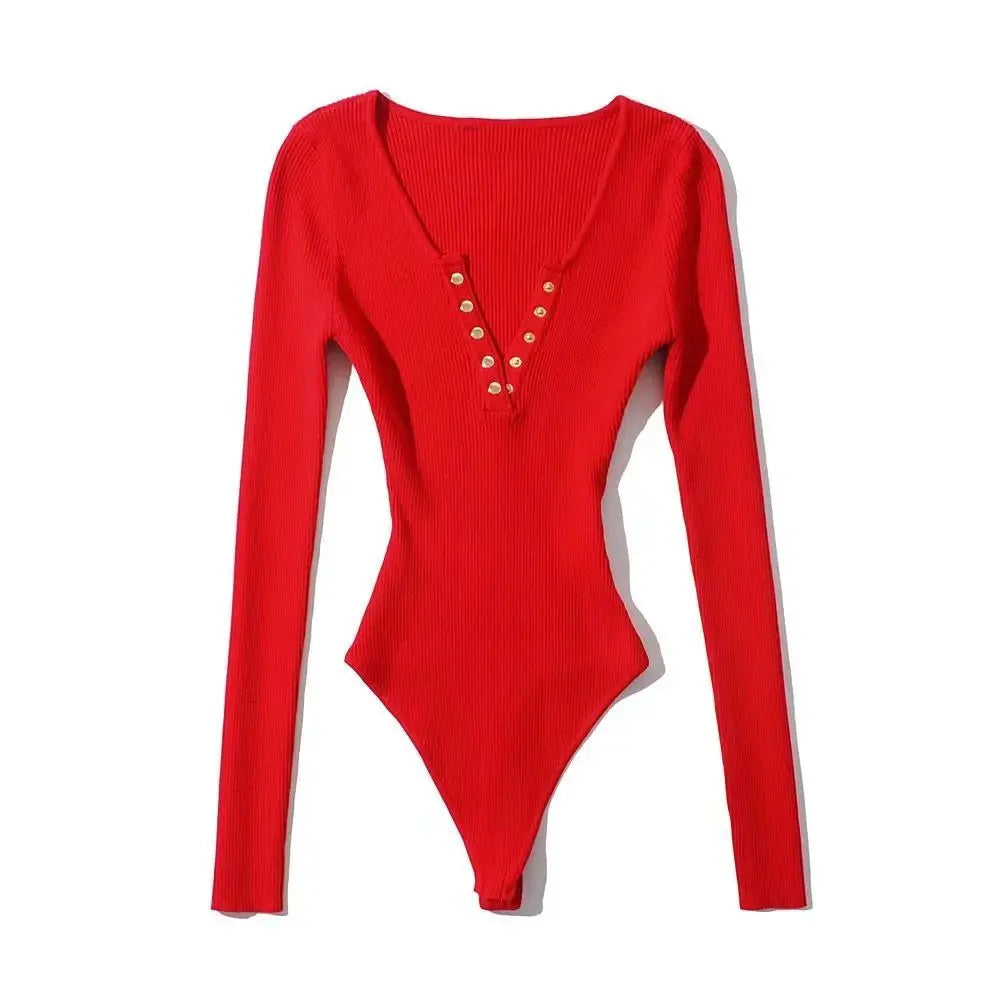 Gold Button Ribbed Knit V-Neck Bodysuit