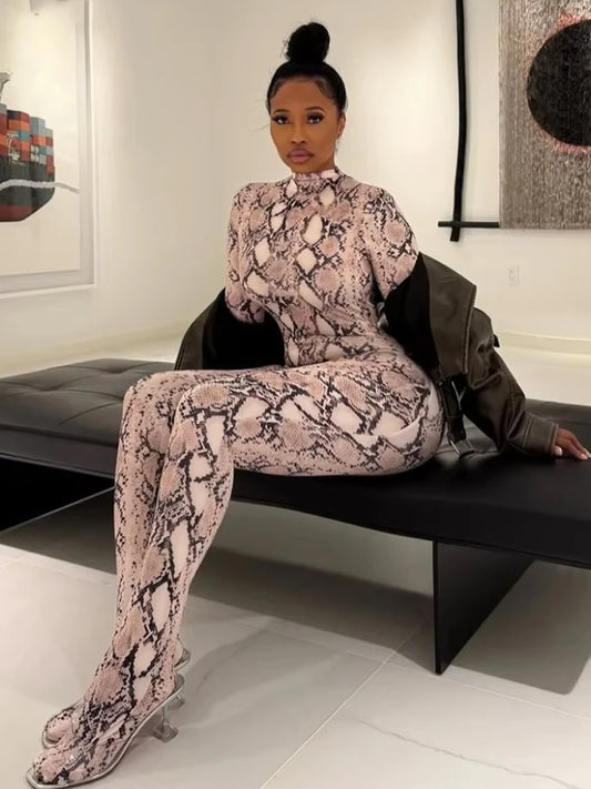 Weird Puss Sexy Snake Print Foot Jumpsuit Women Zip Spring Trend O-Neck Full Sleeve Stretch Street Clubwear Workout Overalls