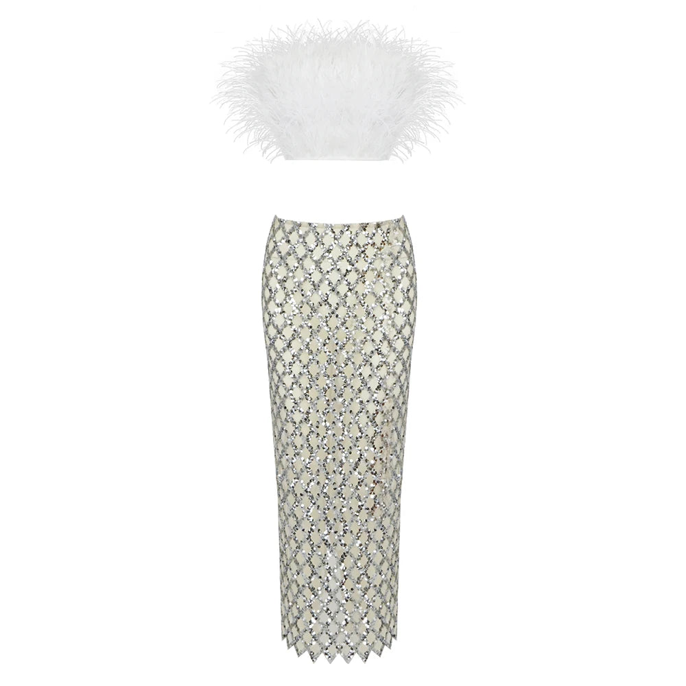 Feather Bandage Top & Sequined Skirt Set