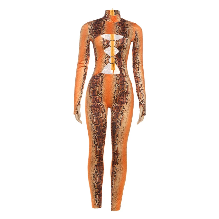 Weird Puss Snake Print Jumpsuit Woman Sexy Cirque Hollow Full Sleeve Skinny Fitness Midnight Clubwear Party Coquette Overalls