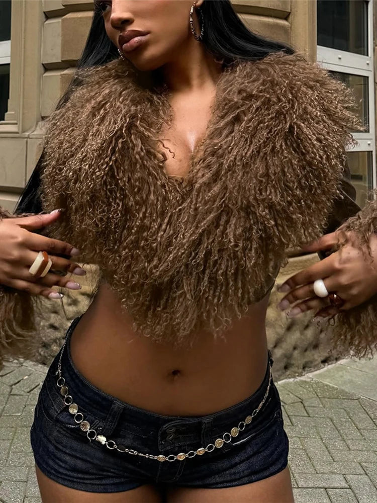 Nibber Wild Coats Woman Furry Tassel Decoration Autumn Trend Low-Neck Full Sleeve Navel Exposed High Street Style Classic Tops