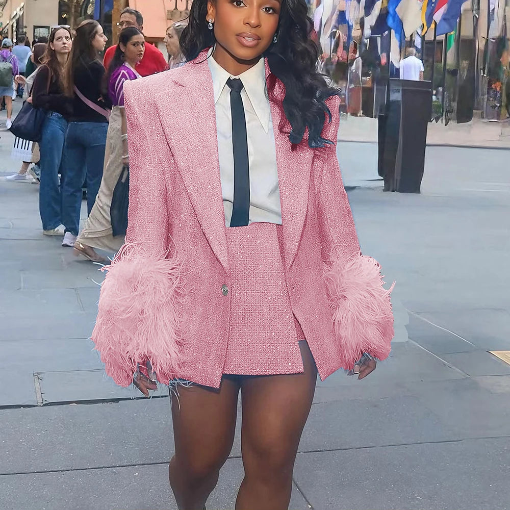Feather-Cuff Tweed Blazer & Skirt Set