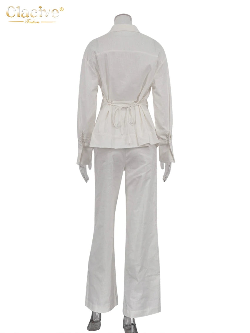 Clacive Loose White Linen Two Pieces