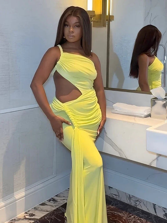 Leosoxs Backless Hollow Dress Women One Shoulder Irregular Pleated Solid Tassel Patchwork Midnight Clubwear Party Vestidos