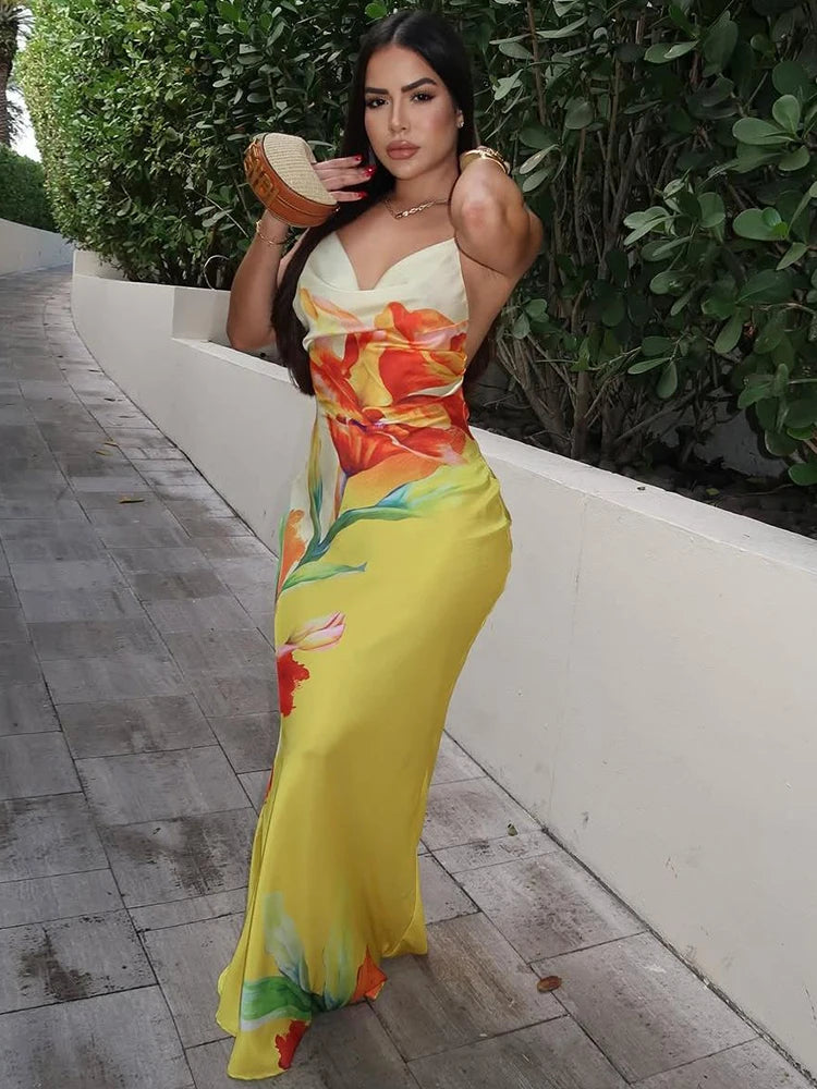 Weird Puss Floral Print Sexy Lace-Up Backless Dress Women Ruched Swing Collar Sleeveless Robe Vacation Trend Beach Party Outfits