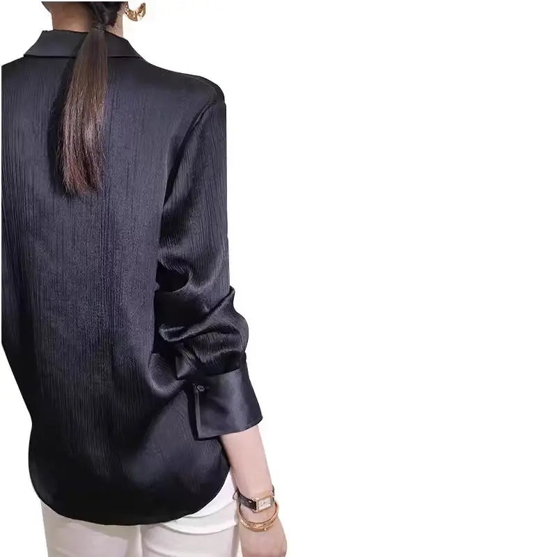 Shirts New Black Satin Texture Loose