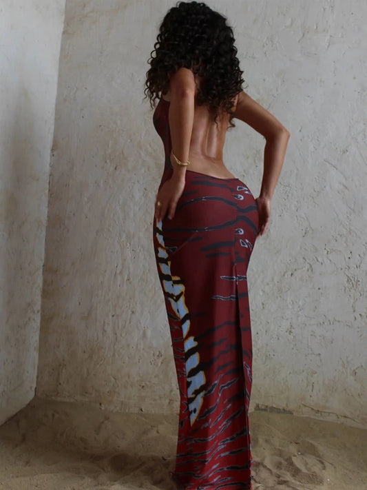 Sisterlinda Backless Maxi Dress Women Sleeveless Leopard Print Sexy Skinny Clubwear Stretch Tight Beach Vacation Slim Vestidos