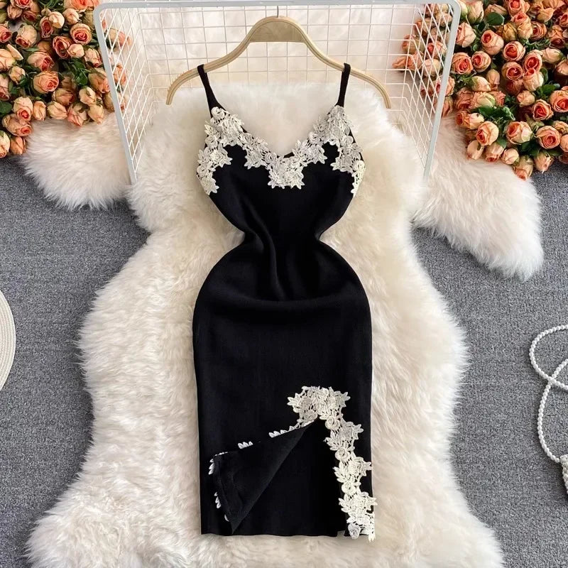 2024 Sexy Backless Lace Patchwork Knitted Split Summer Dress Women Black Mini Party Dress Bodycon Sheath night Club Outfits
