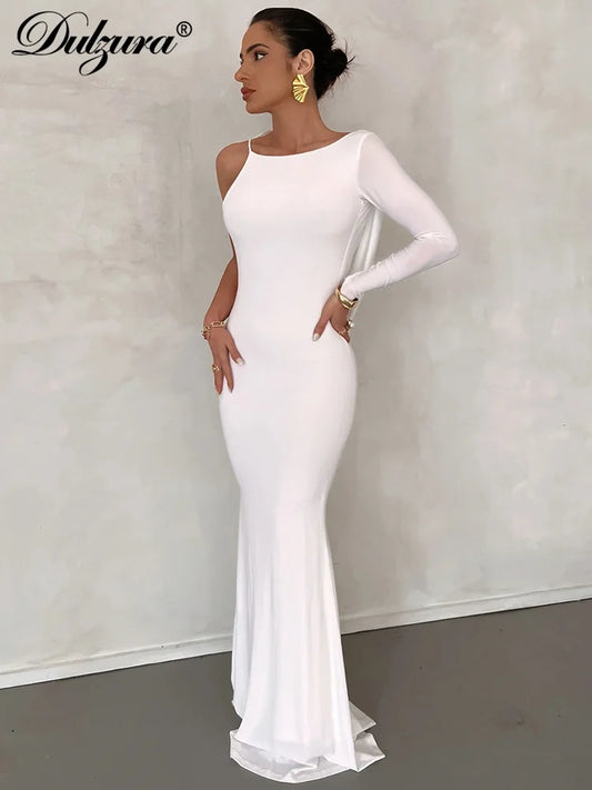 Dulzura One-Shoulder Long Sleeve Swinging Collar Lace Up Maxi Dress Sexy Elegant Evening Party Prom Dress Autumn Winter Outfit