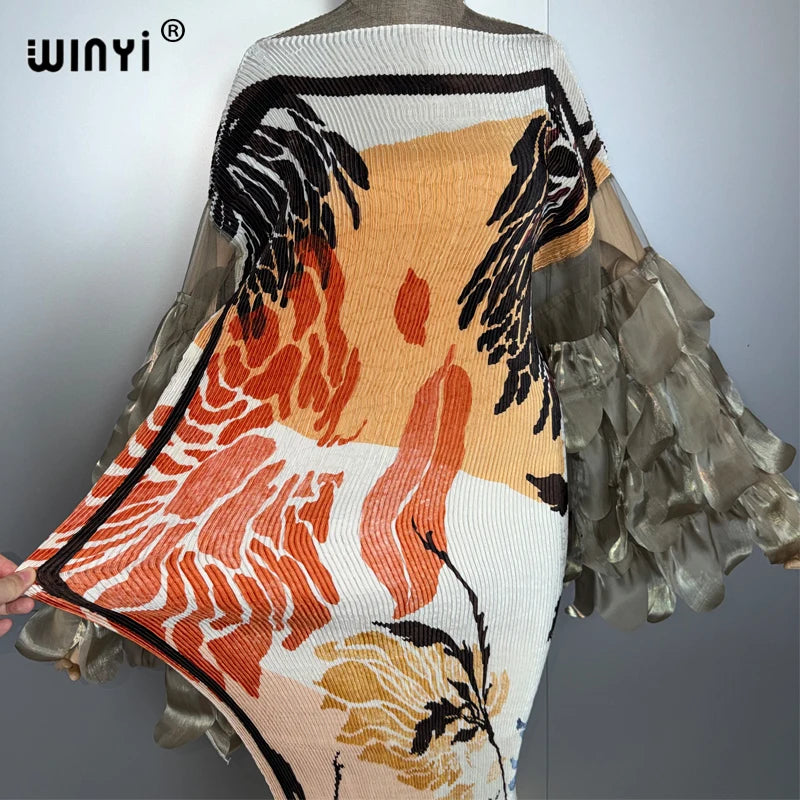WINYI Elastic slim pleated dress beach cover up boho kaftan abaya dubai luxury party dress long down muslim woman evening dress