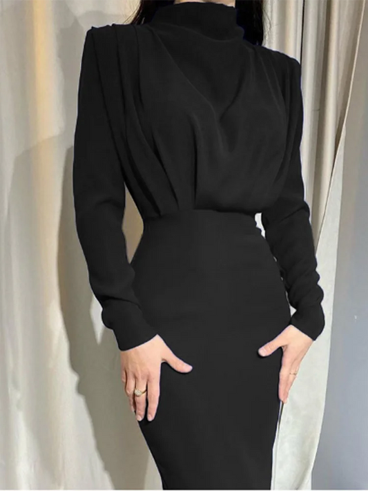 Round Neck Pleated Long Sleeved High Waisted Solid Color Women's Dress Daily Office Elegant Urban Style Autumn Dress