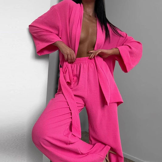 Sexy V-neck Lace-up Cardigan & Long Pant Suit 2024 Women Causal Long Sleeve Solid 2Pc Set Office Elegant Homewear Loose Outfits