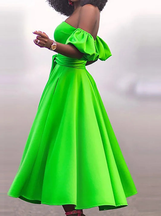 Slim Fit Belt Elegant Lady Midi Dresses Summer Women Off Shoulder Solid Party Dress Slash Neck Short Sleeve Patchwork Club Dress