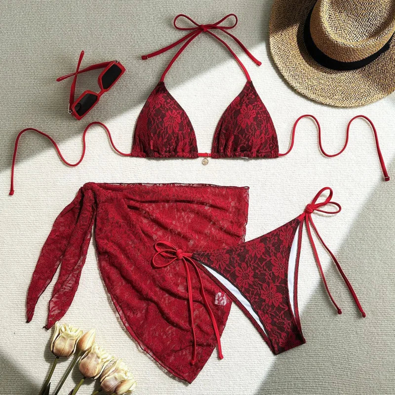 Contrast Lace Three-Piece Bikini Set