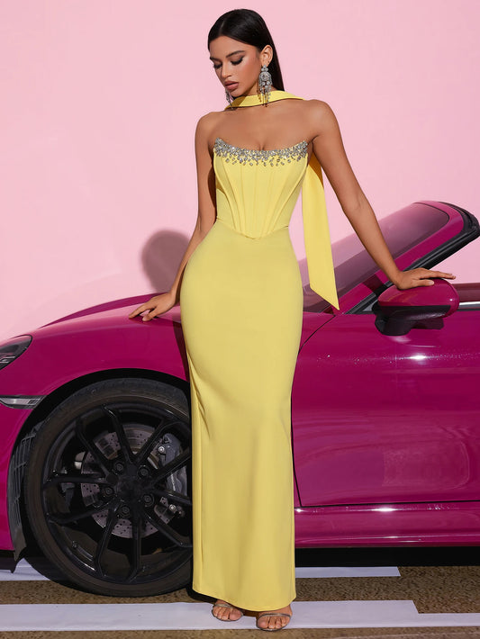 Adyce Diamond Strapless Lady's Elegant Off-Shoulder Beaded Backless Lace-UP Prom Evening Party Dresses Women Outfits Vestidos