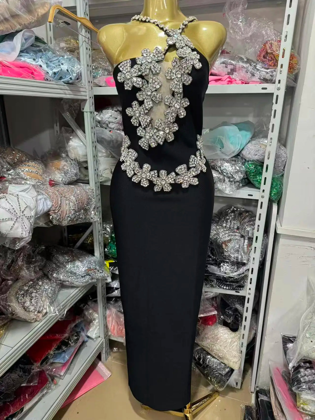 Off-Shoulder Beaded Wrap Party Gown