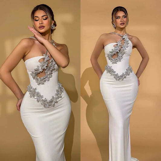 Beaded Off-Shoulder White Wrap Gown