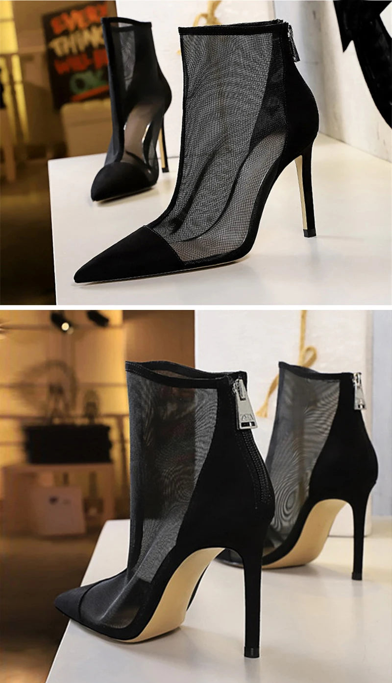 Eilyken Spring Autumn Sexy Mesh Women Ankle Boots Pointed Toe Fashion Zip Ladies Party Stiletto High Heels Shoes Size 34-40