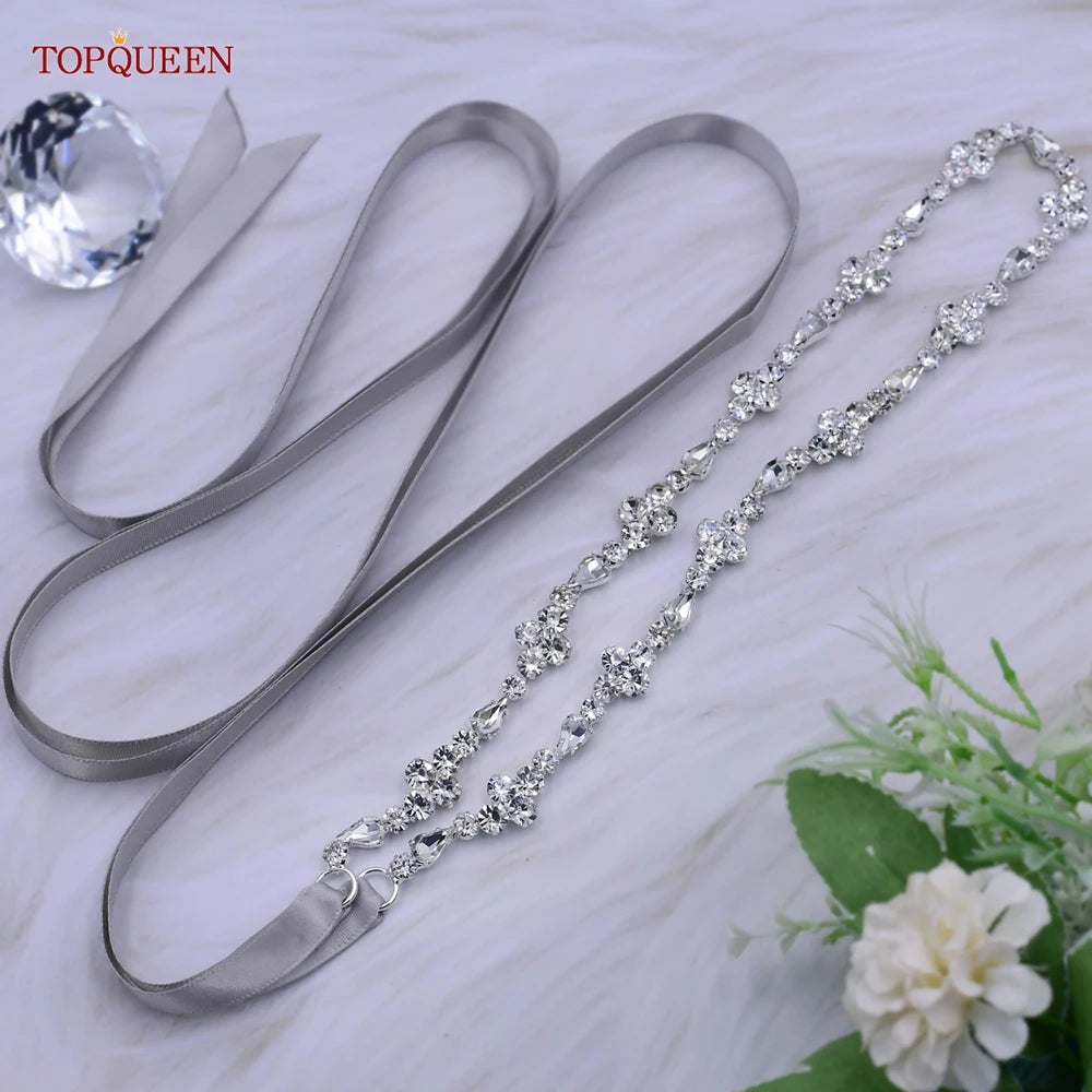 TOPQUEEN S305 Thin Bridal Belt Bling Rhinestone Chain Wedding Accessories Bridesmaid Dress Sash Satin Ribbon Women'S Party Belt