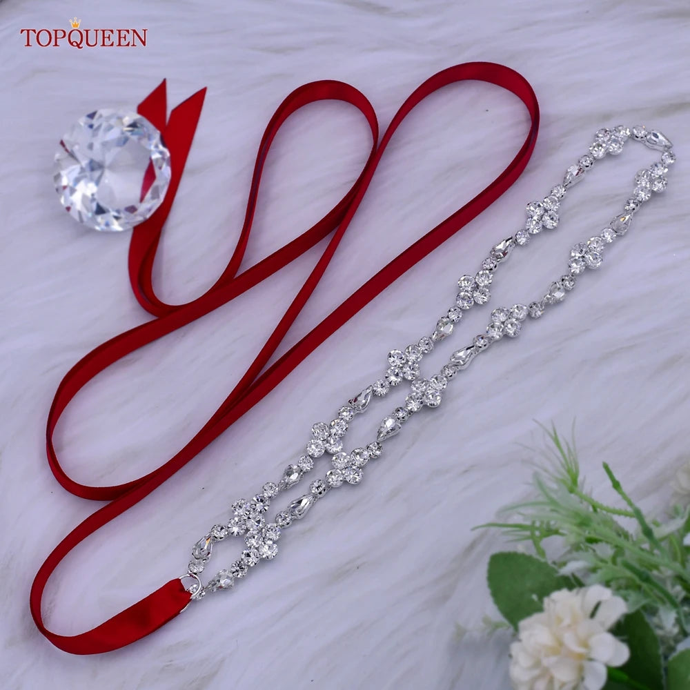 TOPQUEEN S305 Thin Bridal Belt Bling Rhinestone Chain Wedding Accessories Bridesmaid Dress Sash Satin Ribbon Women'S Party Belt