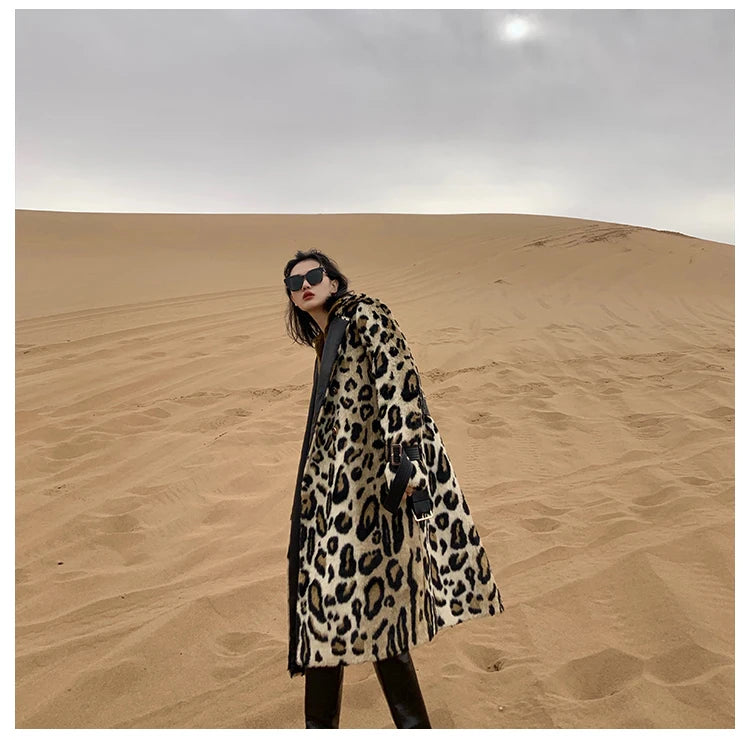 Lautaro Winter Long Leopard Print Warm Fluffy Faux Fur Trench Coat for Women Long Sleeve Double Breasted European Fashion 2021