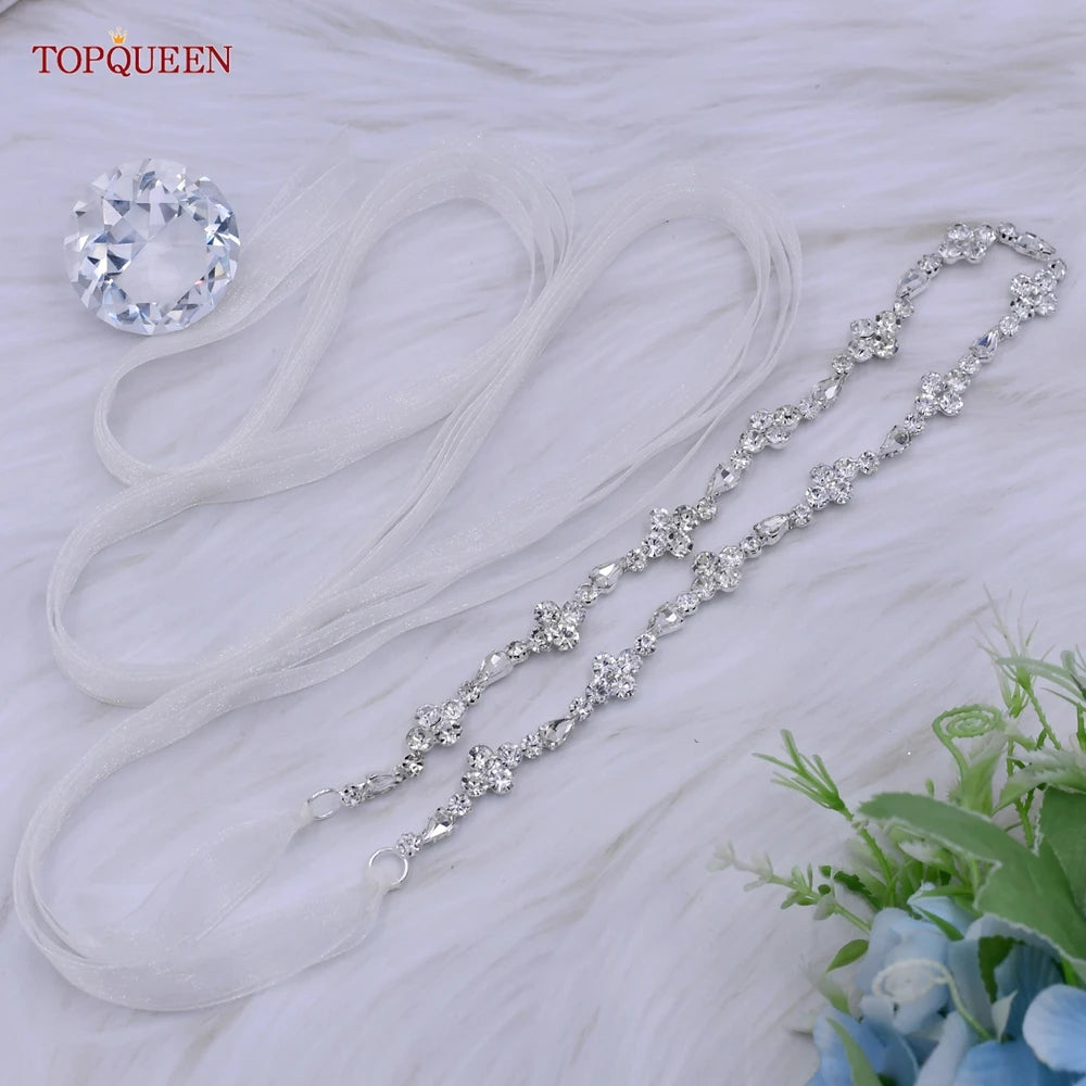 TOPQUEEN S305 Thin Bridal Belt Bling Rhinestone Chain Wedding Accessories Bridesmaid Dress Sash Satin Ribbon Women'S Party Belt