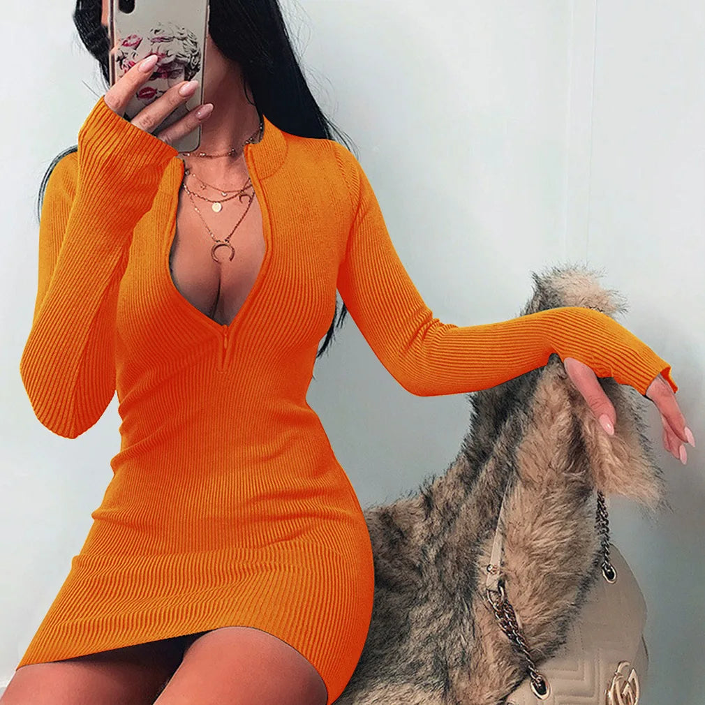 Sexy Zipper Bodycon Dress Elegant Long Sleeve Finger Hole Knitting Mini Dress Vintage Harajuku Sweater Dress Casual Clubwear