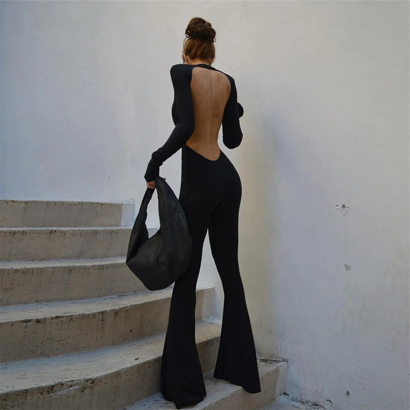 Women Black Stretchy Bodycon Jumpsuits Sexy Backless O Neck Slim Flare Pants One Piece Rompers 2022 Casual Night Prom Overalls
